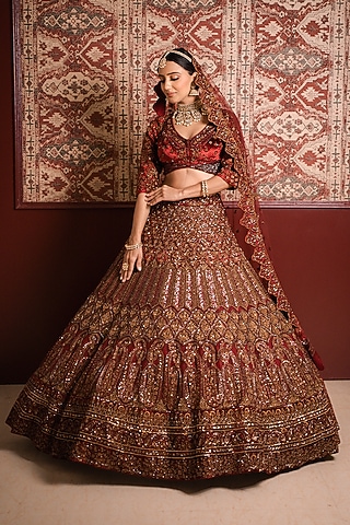 Maroon Velvet Cutdana & Beads Embroidered Lehenga Set by Tanaksh