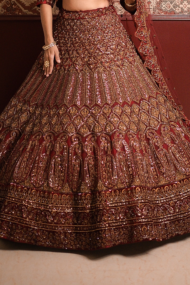 Maroon Velvet Cutdana & Beads Embroidered Bridal Lehenga Set by Tanaksh at Pernia's Pop Up Shop