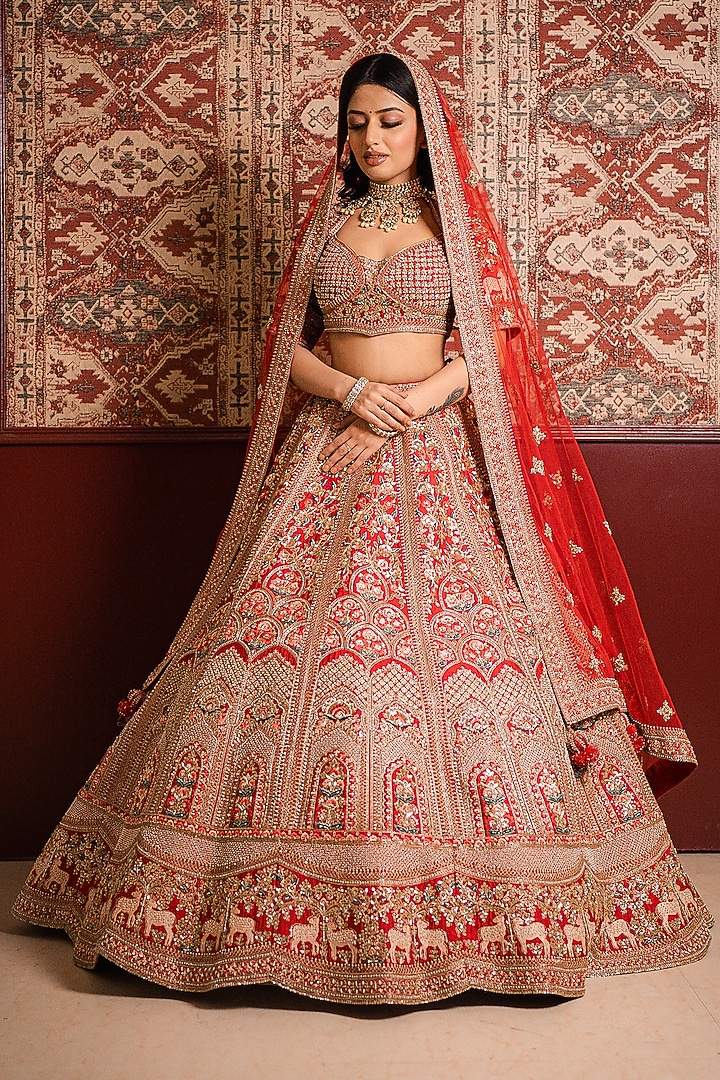 Red Silk Zardosi & Zari Embroidered Bridal Lehenga Set by Tanaksh at Pernia's Pop Up Shop