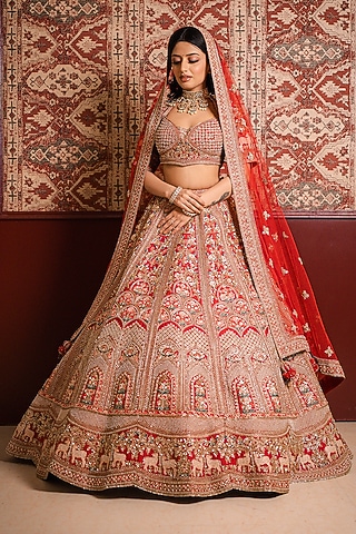 Red Silk Zardosi & Zari Embroidered Lehenga Set by Tanaksh