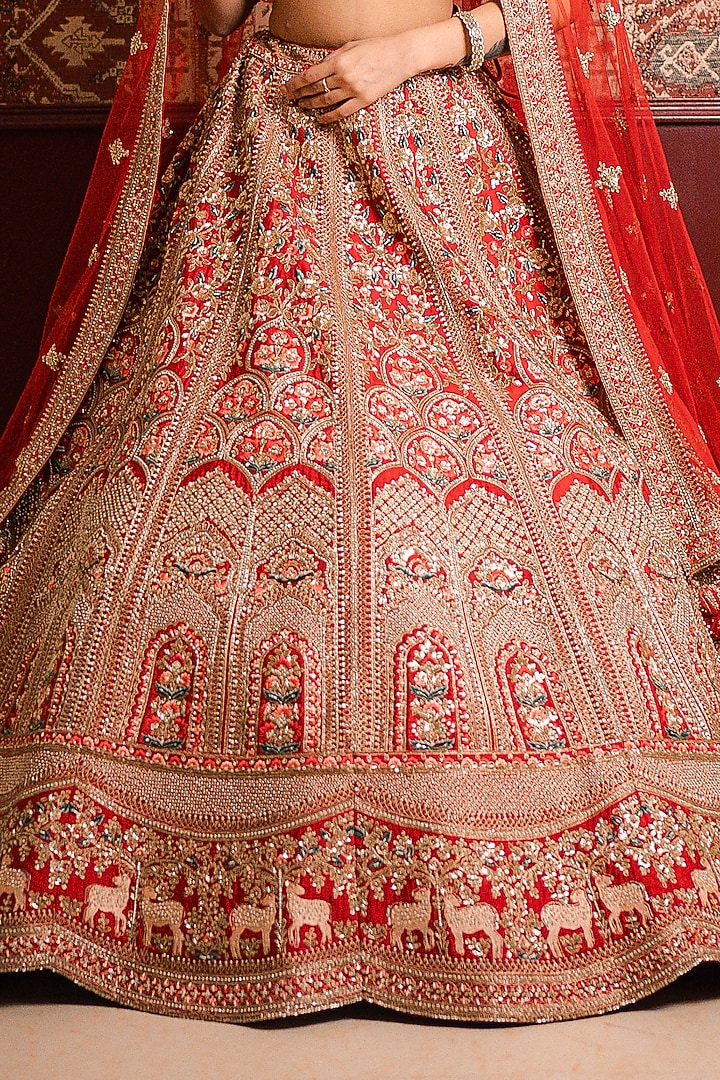 Red Silk Zardosi & Zari Embroidered Bridal Lehenga Set by Tanaksh at Pernia's Pop Up Shop