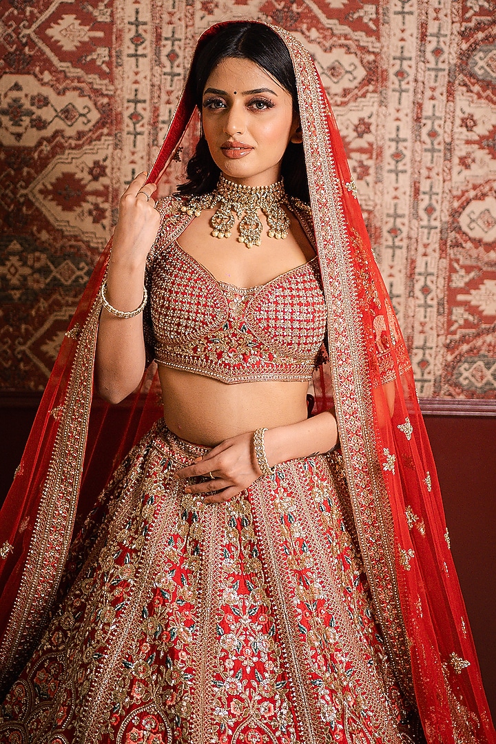 Red Silk Zardosi & Zari Embroidered Bridal Lehenga Set by Tanaksh at Pernia's Pop Up Shop