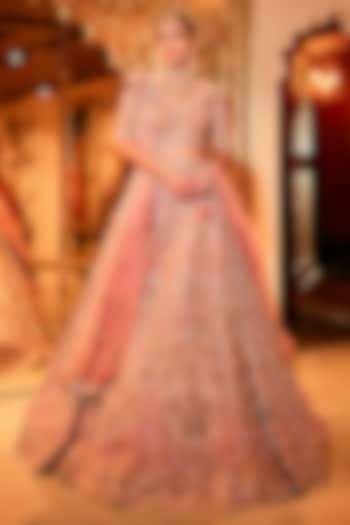 Soft Pink Net Sequins & Cutdana Embroidered Bridal Lehenga Set by Tanaksh at Pernia's Pop Up Shop