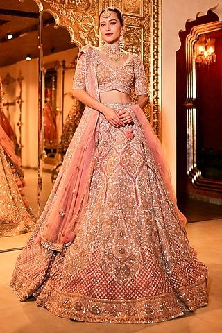 Soft Pink Net Sequins & Cutdana Embroidered Lehenga Set by Tanaksh