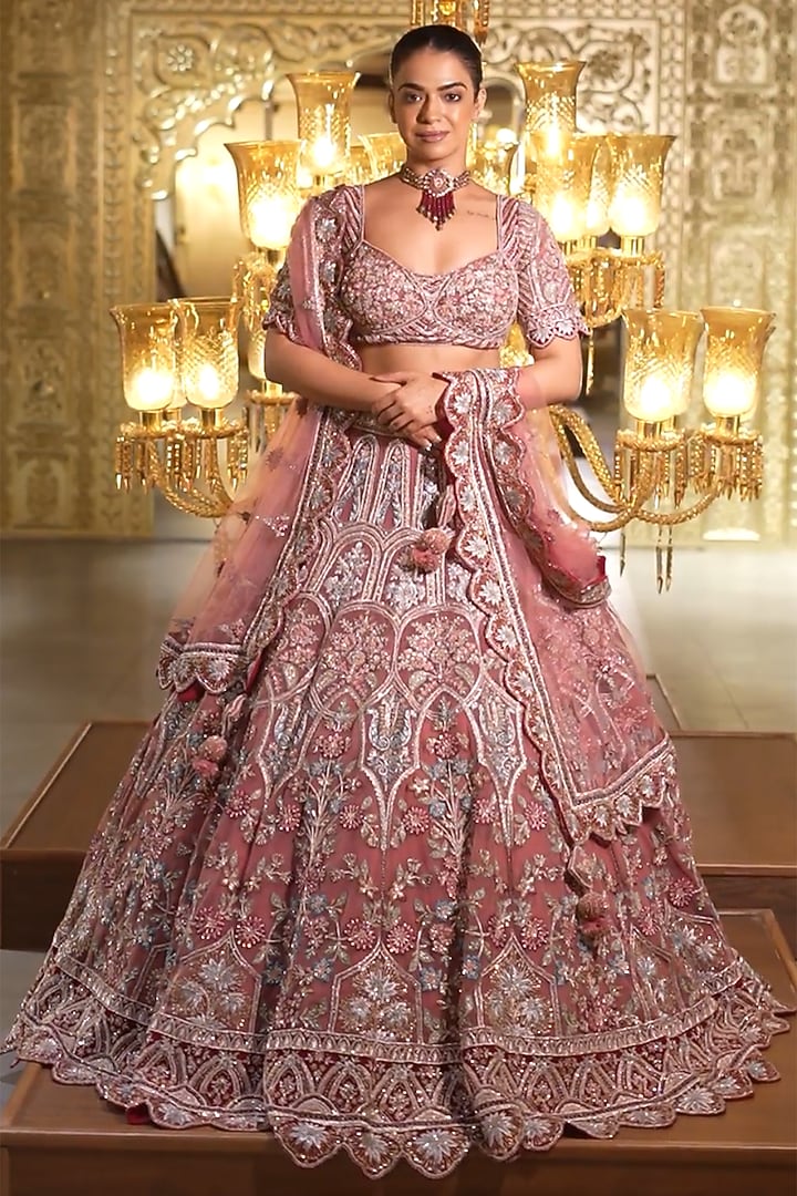 Dusty Pink Net Sequins & Crystal Embroidered Bridal Lehenga Set by Tanaksh at Pernia's Pop Up Shop