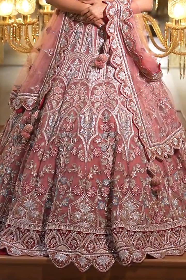 Dusty Pink Net Sequins & Crystal Embroidered Bridal Lehenga Set by Tanaksh at Pernia's Pop Up Shop