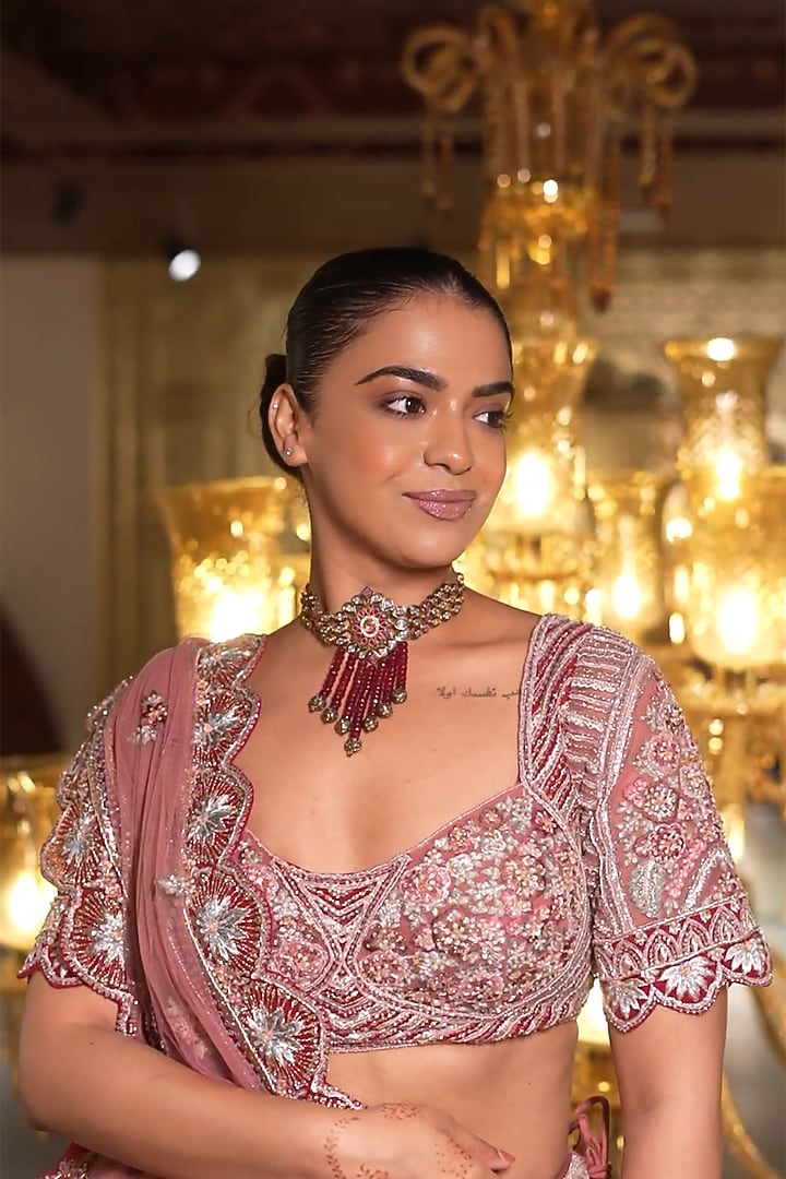 Dusty Pink Net Sequins & Crystal Embroidered Bridal Lehenga Set by Tanaksh at Pernia's Pop Up Shop