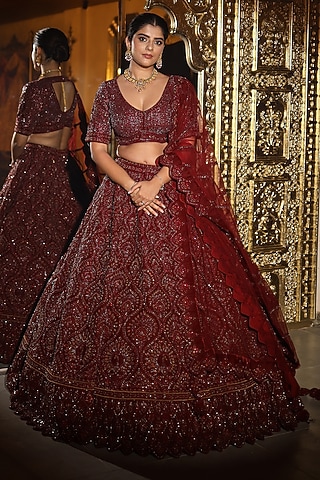 Maroon Velvet Dori & Crystal Embroidered Lehenga Set by Tanaksh