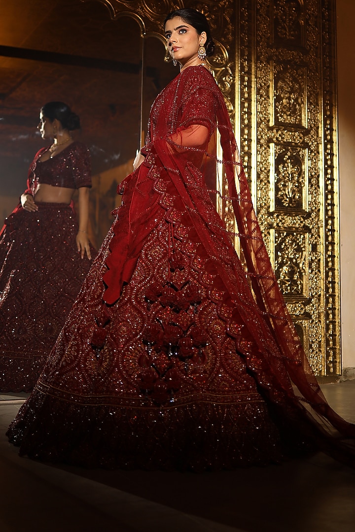 Maroon Velvet Dori & Crystal Embroidered Bridal Lehenga Set by Tanaksh at Pernia's Pop Up Shop
