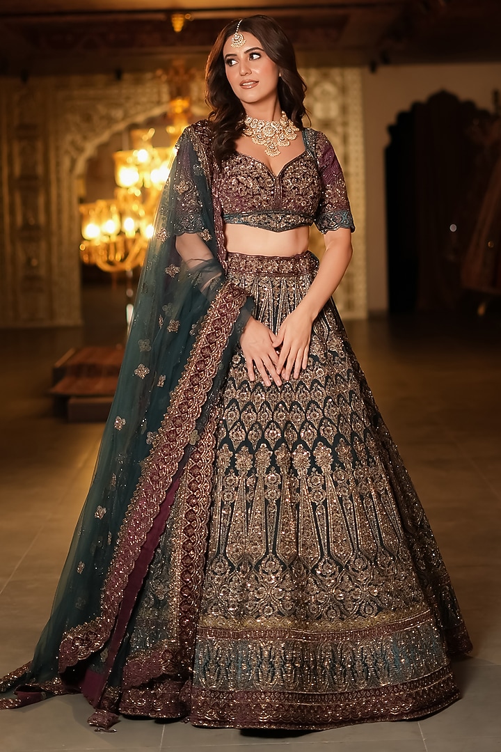 Maroon & Teal Green Net Dori Embellished Bridal Lehenga Set by Tanaksh at Pernia's Pop Up Shop