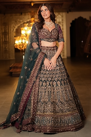 Maroon & Teal Green Net Dori Embellished Lehenga Set by Tanaksh