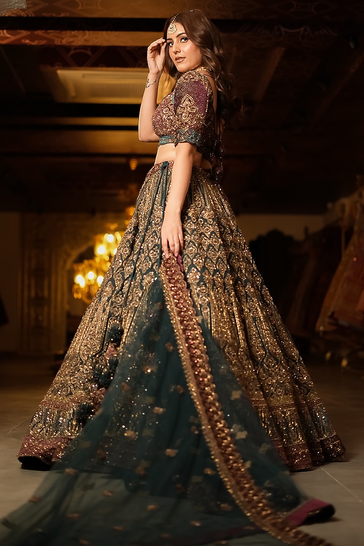 Maroon & Teal Green Net Dori Embellished Bridal Lehenga Set by Tanaksh at Pernia's Pop Up Shop