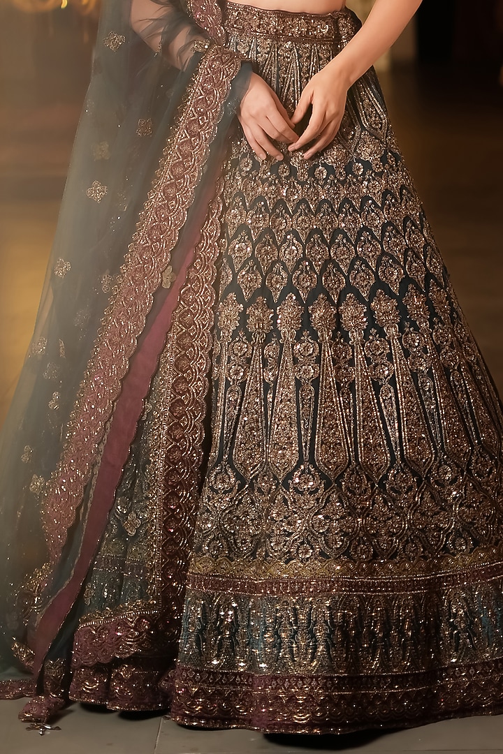 Maroon & Teal Green Net Dori Embellished Bridal Lehenga Set by Tanaksh at Pernia's Pop Up Shop
