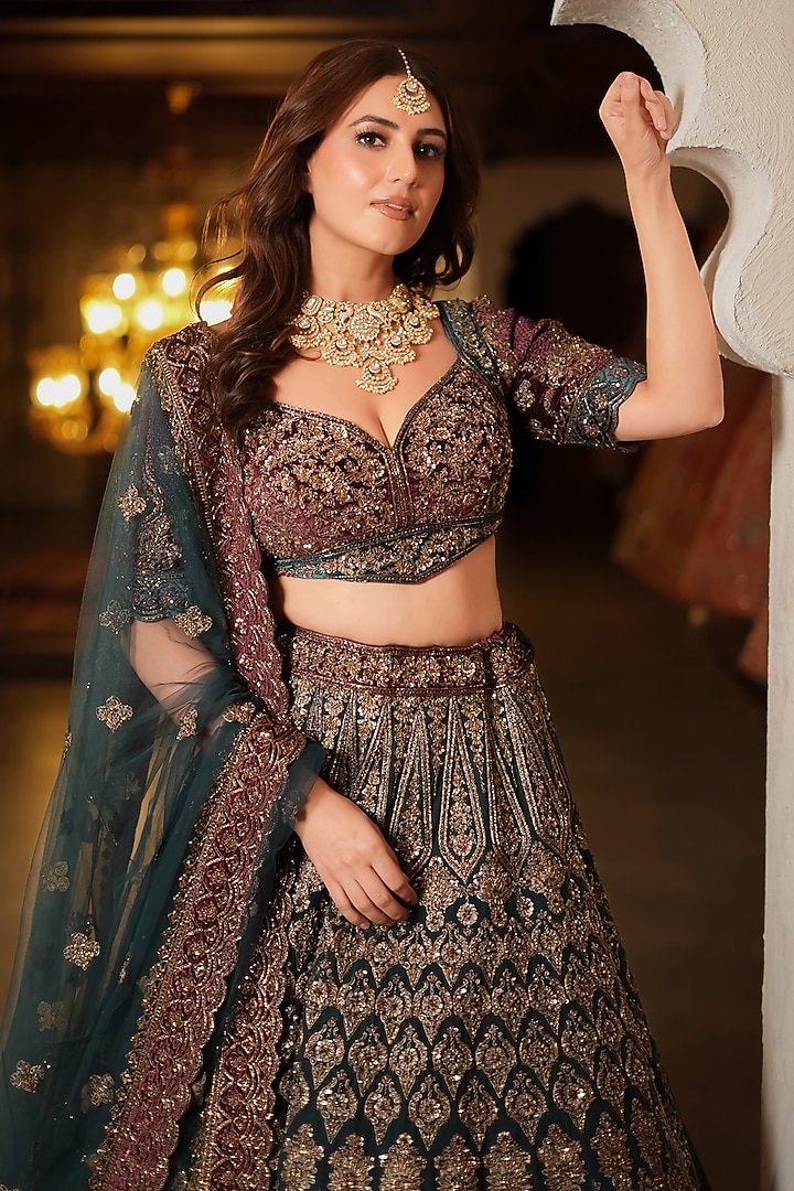 Maroon & Teal Green Net Dori Embellished Bridal Lehenga Set by Tanaksh at Pernia's Pop Up Shop
