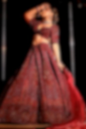Maroon Velvet Kiran Dori Embroidered Bridal Lehenga Set by Tanaksh at Pernia's Pop Up Shop