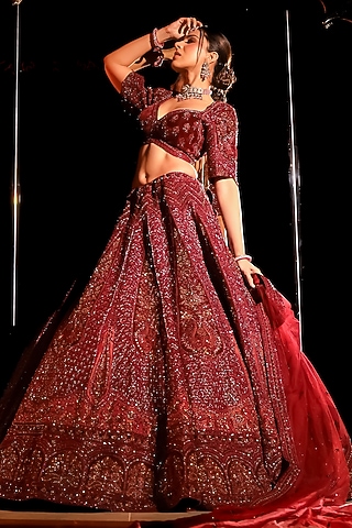 Maroon Velvet Kiran Dori Embroidered Lehenga Set by Tanaksh