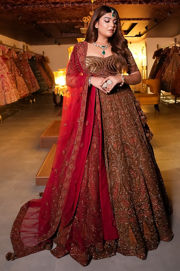 Olive Green & Maroon Net Kiran Dori Embroidered Bridal Lehenga Set by Tanaksh at Pernia's Pop Up Shop