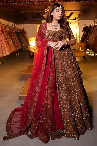 Olive Green & Maroon Net Kiran Dori Embroidered Lehenga Set by Tanaksh