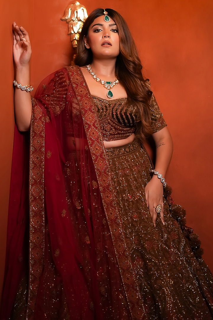 Olive Green & Maroon Net Kiran Dori Embroidered Bridal Lehenga Set by Tanaksh at Pernia's Pop Up Shop