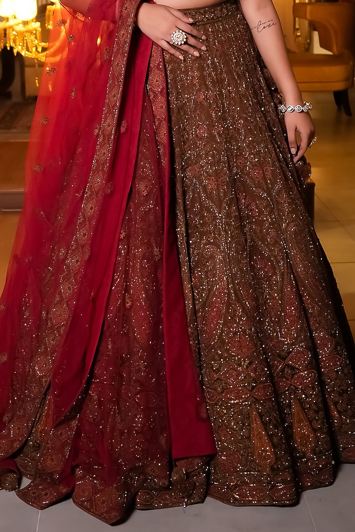 Olive Green & Maroon Net Kiran Dori Embroidered Bridal Lehenga Set by Tanaksh at Pernia's Pop Up Shop