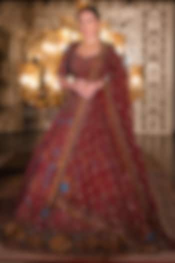 Wine Velvet Dabka & Nakshi Embroidered Bridal Lehenga Set by Tanaksh at Pernia's Pop Up Shop