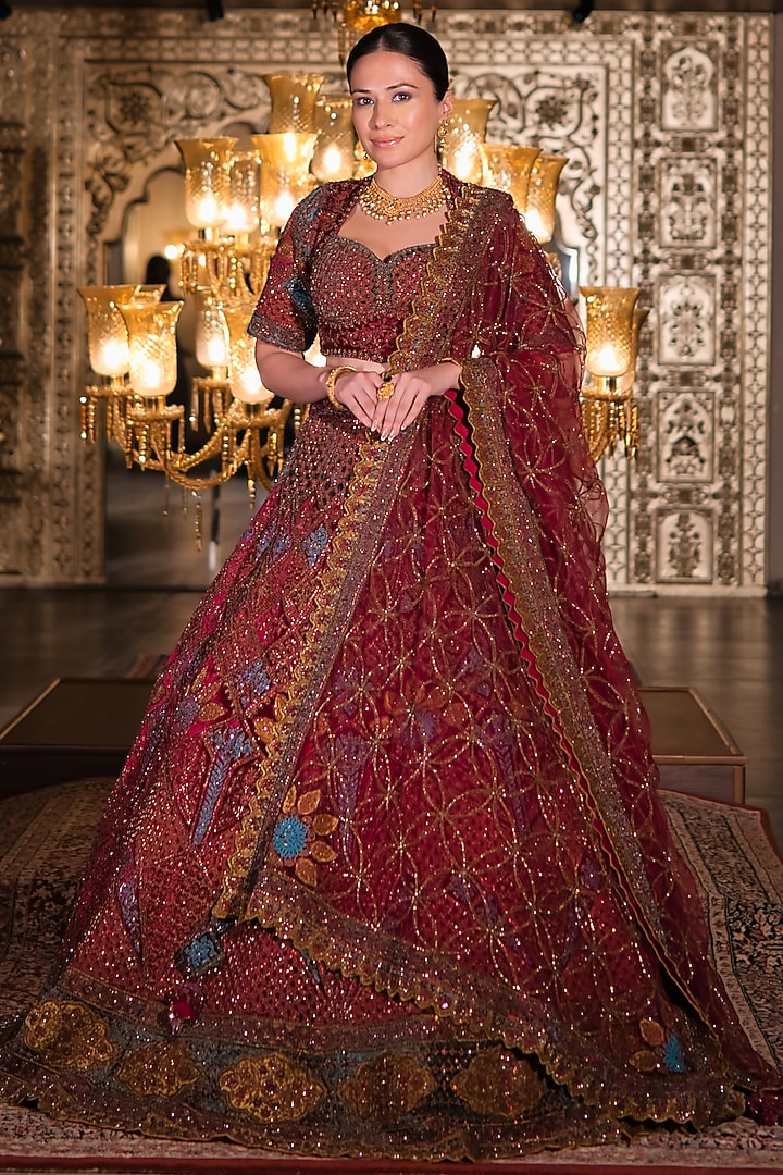 Wine Velvet Dabka & Nakshi Embroidered Bridal Lehenga Set by Tanaksh at Pernia's Pop Up Shop