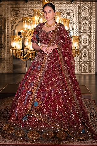 Wine Velvet Dabka & Nakshi Embroidered Lehenga Set by Tanaksh
