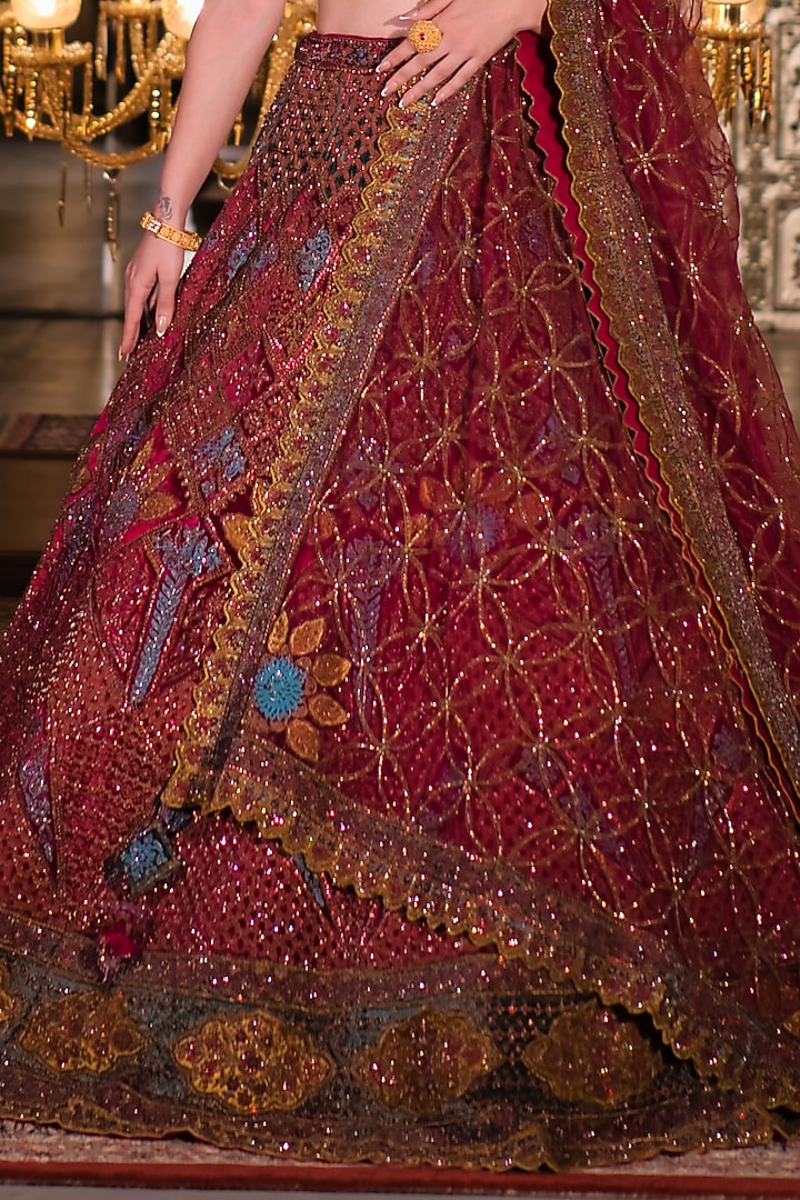 Wine Velvet Dabka & Nakshi Embroidered Bridal Lehenga Set by Tanaksh at Pernia's Pop Up Shop