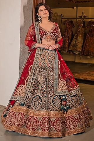 Emerald Green & Maroon Velvet Dabka Embroidered Lehenga Set by Tanaksh