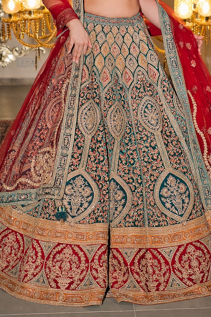 Emerald Green & Maroon Velvet Dabka Embroidered Bridal Lehenga Set by Tanaksh at Pernia's Pop Up Shop