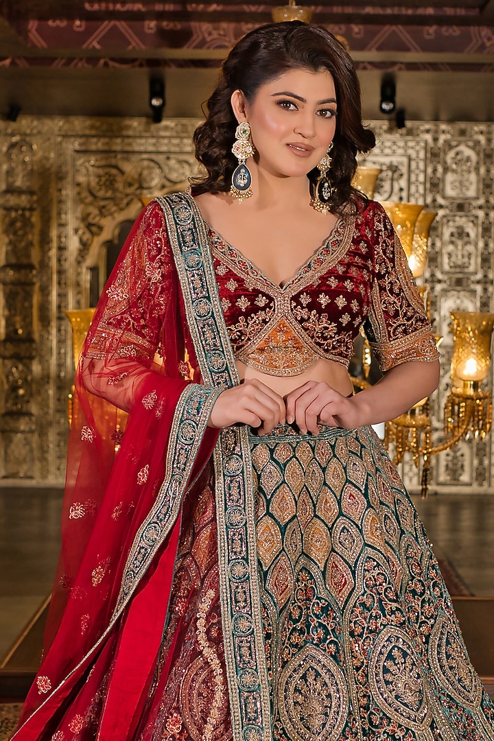 Emerald Green & Maroon Velvet Dabka Embroidered Bridal Lehenga Set by Tanaksh at Pernia's Pop Up Shop