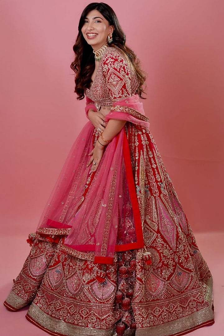 Red Raw Silk Resham & Nakshi Embroidered Bridal Lehenga Set by Tanaksh at Pernia's Pop Up Shop