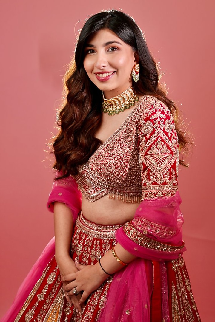 Red Raw Silk Resham & Nakshi Embroidered Bridal Lehenga Set by Tanaksh at Pernia's Pop Up Shop