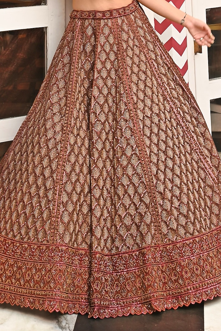 Rust Net Dori & Cutdana Embroidered Bridal Lehenga Set by Tanaksh at Pernia's Pop Up Shop