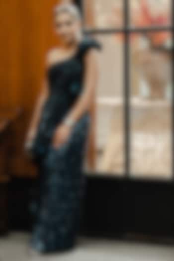 Blue Sequins & Organza One-Shoulder Vacation Dress by Tanaksh at Pernia's Pop Up Shop