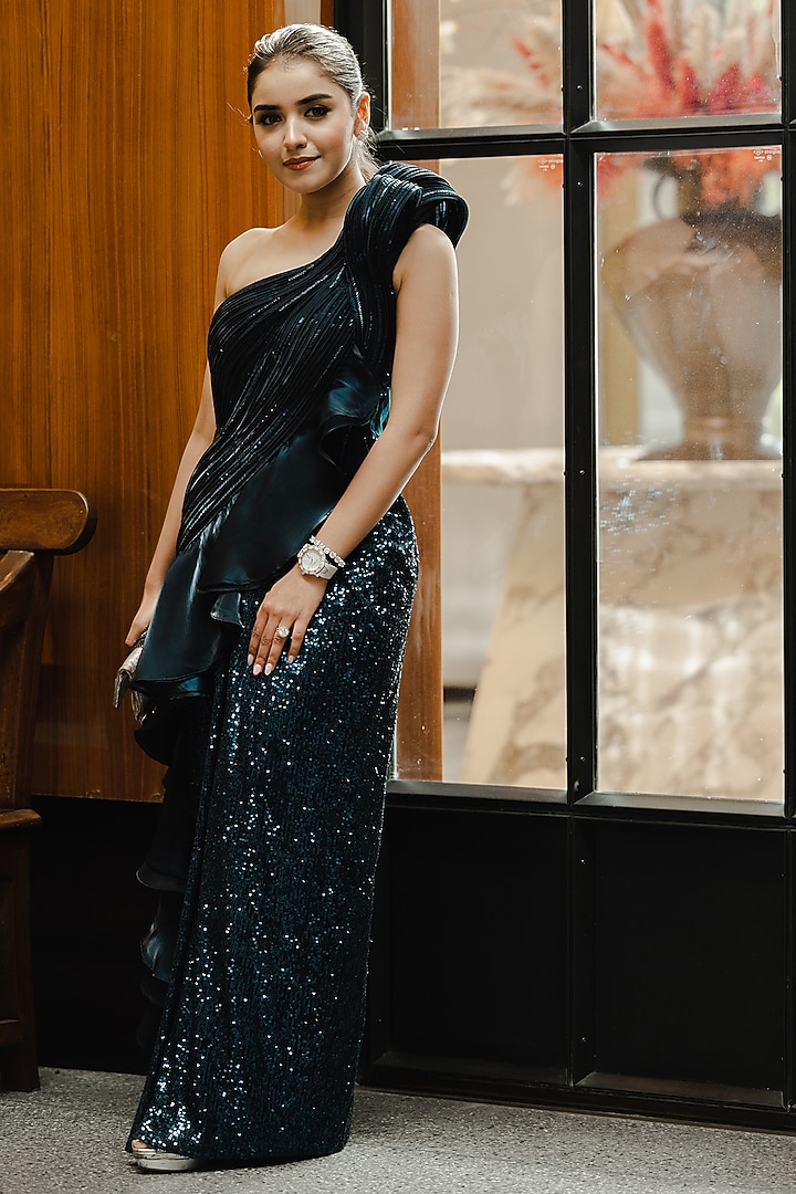 Blue Sequins & Organza One-Shoulder Vacation Dress by Tanaksh at Pernia's Pop Up Shop