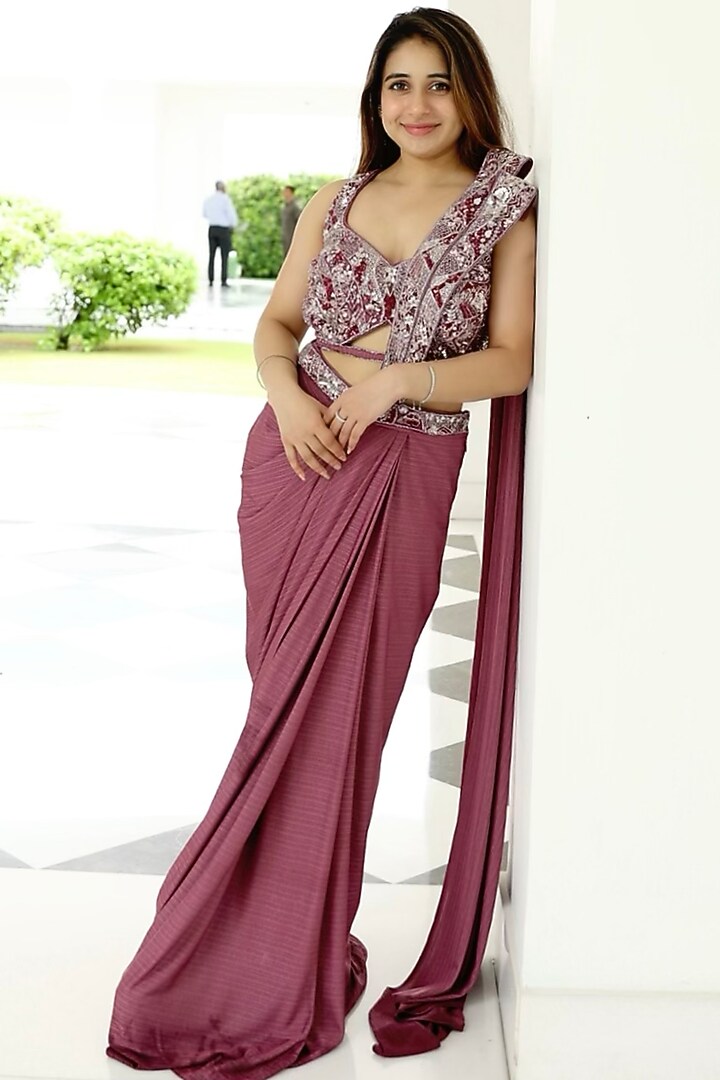 Mauve Soft Lycra Premium Fabric Pre-Draped Party Wear Saree Set by Tanaksh at Pernia's Pop Up Shop
