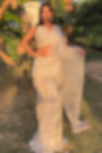 Ivory Premium Lycra Sequins Embroidered Pre-Draped Wedding Saree Set by Tanaksh at Pernia's Pop Up Shop