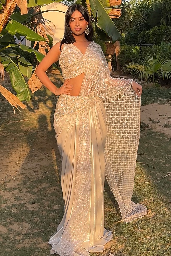 Ivory Premium Lycra Sequins Embroidered Pre-Draped Wedding Saree Set by Tanaksh at Pernia's Pop Up Shop