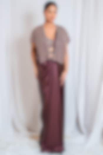 Wine Premium Shiny Fabric Draped Wedding Saree Set by Tanaksh at Pernia's Pop Up Shop