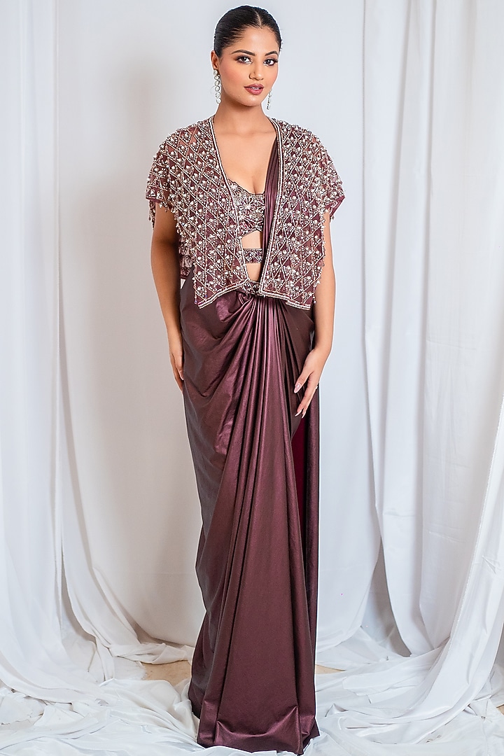 Wine Premium Shiny Fabric Draped Wedding Saree Set by Tanaksh at Pernia's Pop Up Shop