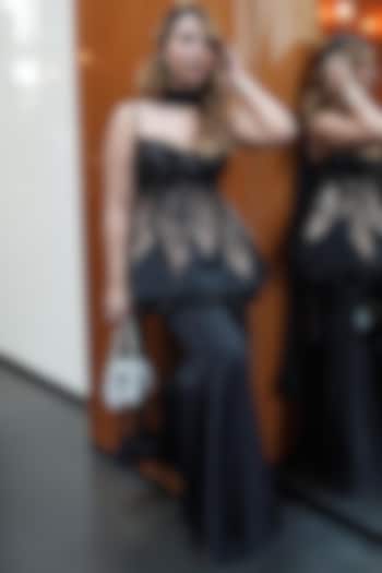 Black Scuba Flowy Party Wear Sharara Set by Tanaksh at Pernia's Pop Up Shop