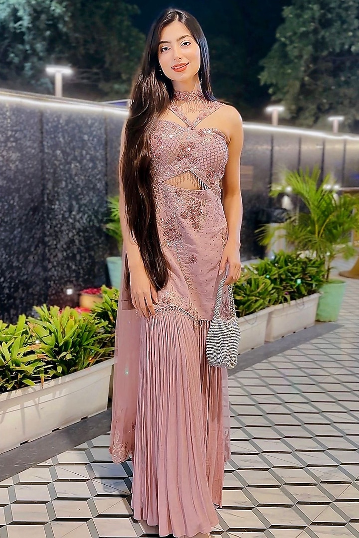 Powder Pink Georgette Wedding Sharara Set by Tanaksh at Pernia's Pop Up Shop