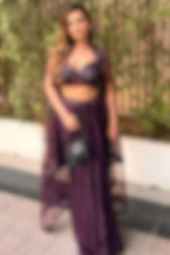 Wine Satin Draped Skirt Set by Tanaksh at Pernia's Pop Up Shop