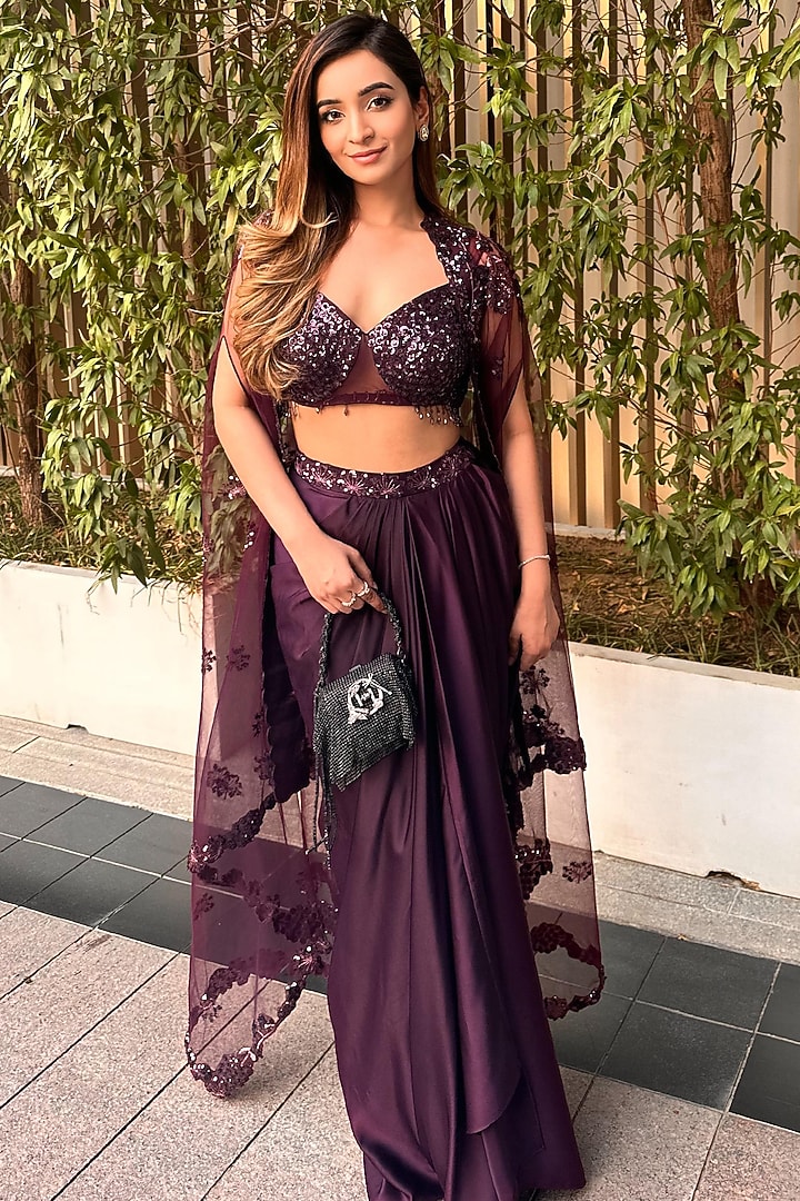 Wine Satin Draped Skirt Set by Tanaksh at Pernia's Pop Up Shop