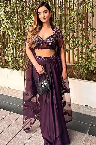 Wine Satin Draped Skirt Set by Tanaksh