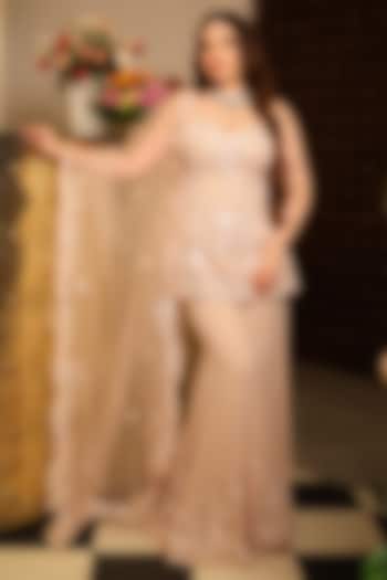 Light Peach Net Sequins Embroidered Wedding Sharara Set by Tanaksh at Pernia's Pop Up Shop