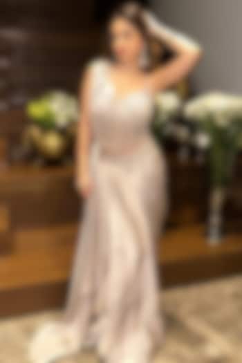 Gold Premium Chinon Pre-Draped Party Wear Saree Set by Tanaksh at Pernia's Pop Up Shop