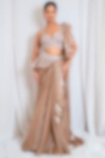 Peach Organza Draped Wedding Saree Set by Tanaksh at Pernia's Pop Up Shop