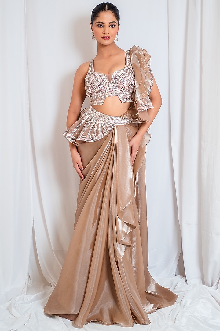 Peach Organza Draped Wedding Saree Set by Tanaksh at Pernia's Pop Up Shop